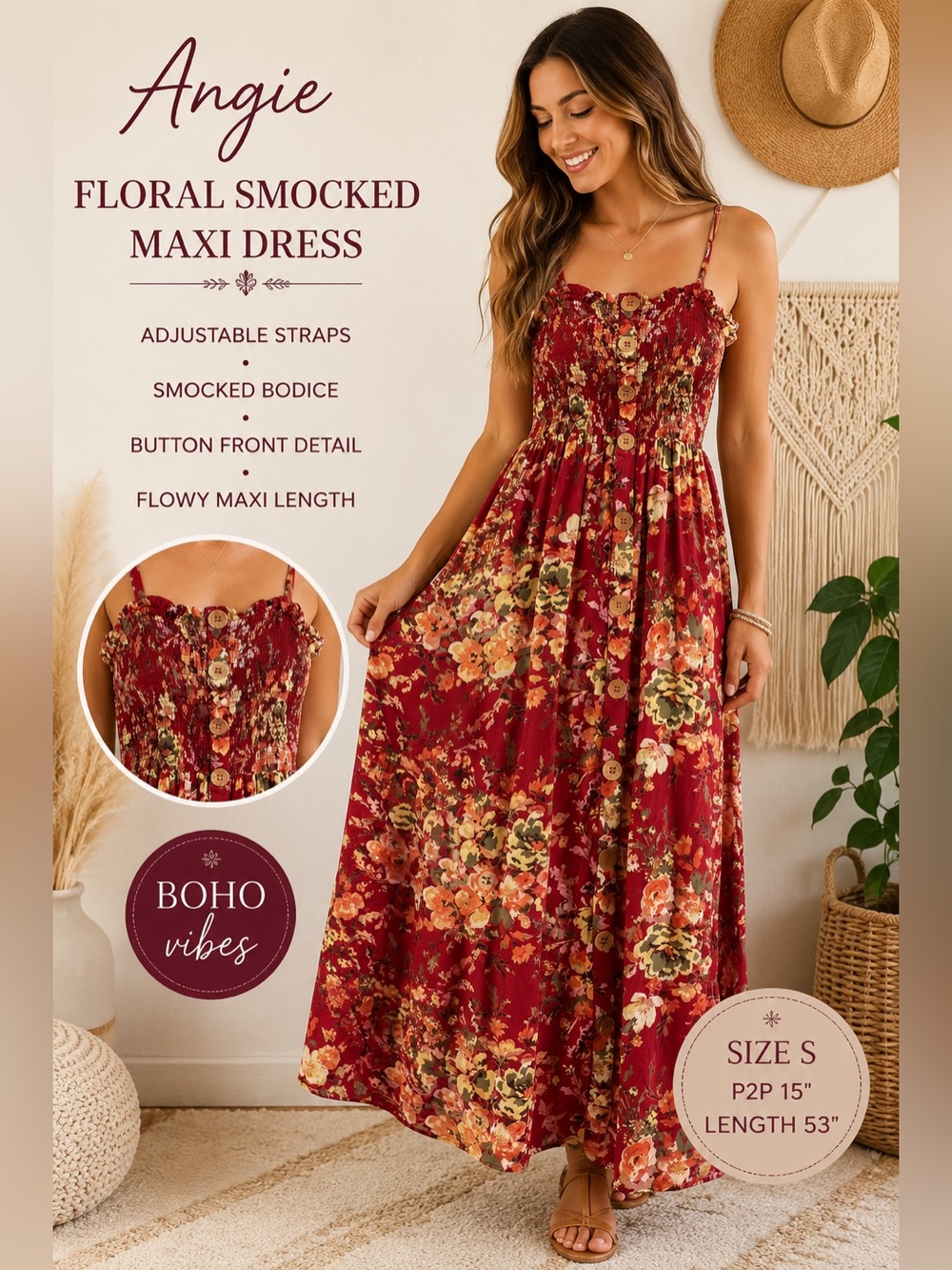 Angie Floral Smocked Maxi Dress in Floral Burgundy